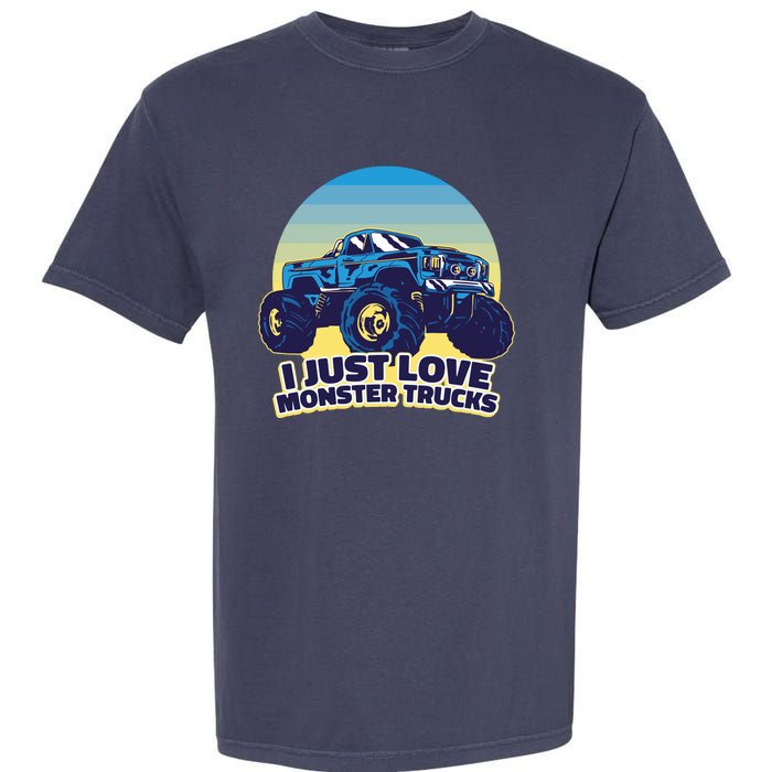 I Just Love Monster Trucks Retro Sunset Garment-Dyed Heavyweight T-Shirt