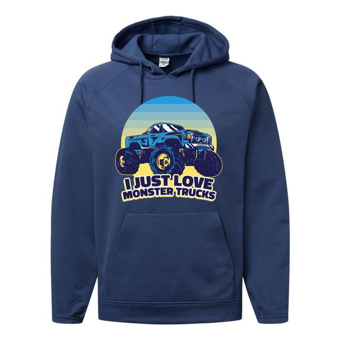 I Just Love Monster Trucks Retro Sunset Performance Fleece Hoodie