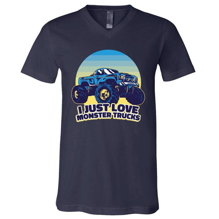 I Just Love Monster Trucks Retro Sunset V-Neck T-Shirt