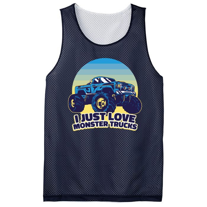 I Just Love Monster Trucks Retro Sunset Mesh Reversible Basketball Jersey Tank