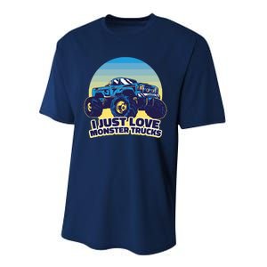 I Just Love Monster Trucks Retro Sunset Performance Sprint T-Shirt