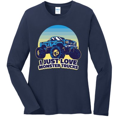 I Just Love Monster Trucks Retro Sunset Ladies Long Sleeve Shirt