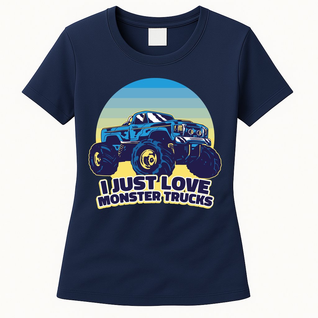 I Just Love Monster Trucks Retro Sunset Womens T-Shirt