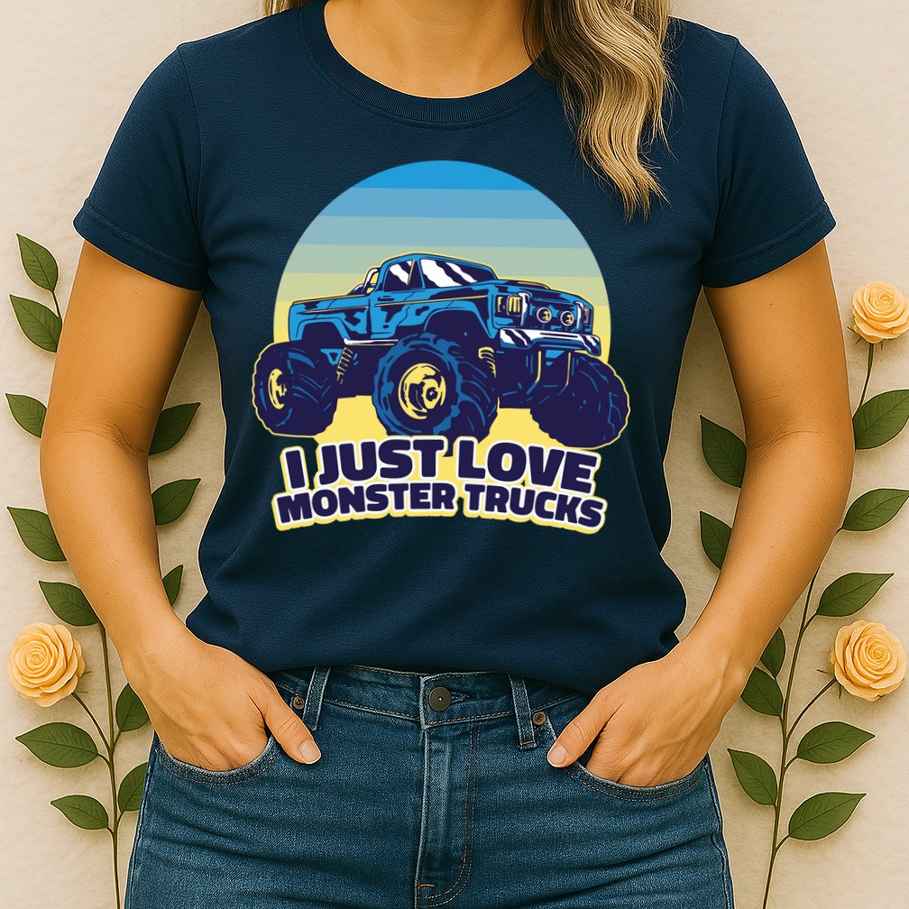 I Just Love Monster Trucks Retro Sunset Womens T-Shirt