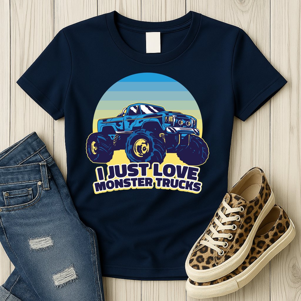 I Just Love Monster Trucks Retro Sunset Womens T-Shirt