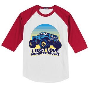 I Just Love Monster Trucks Retro Sunset Kids Colorblock Raglan Jersey