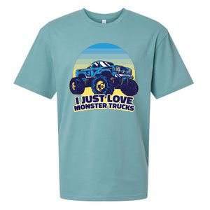 I Just Love Monster Trucks Retro Sunset Sueded Cloud Jersey T-Shirt