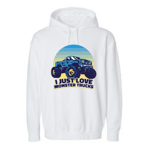 I Just Love Monster Trucks Retro Sunset Garment-Dyed Fleece Hoodie