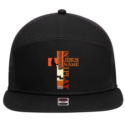 In Jesus Name I Play Bass 7 Panel Mesh Trucker Snapback Hat