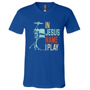 In Jesus Name I Play Music Drummer V-Neck T-Shirt