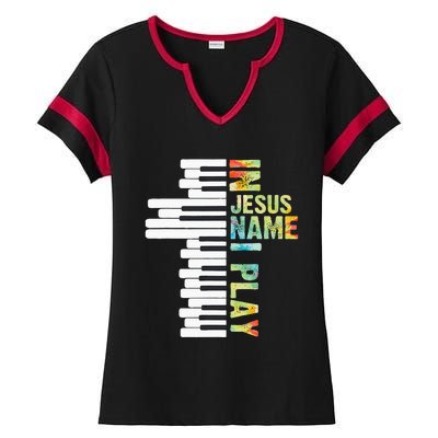 In Jesus Name I Play Piano Christian Music Vintage Ladies Halftime Notch Neck Tee