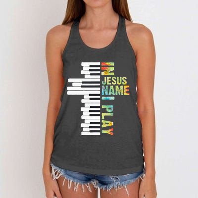 In Jesus Name I Play Piano Christian Music Vintage Women's Knotted Racerback Tank