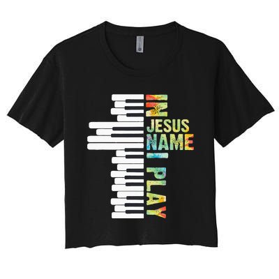 In Jesus Name I Play Piano Christian Music Vintage Women's Crop Top Tee