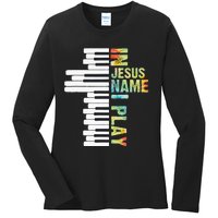 In Jesus Name I Play Piano Christian Music Vintage Ladies Long Sleeve Shirt