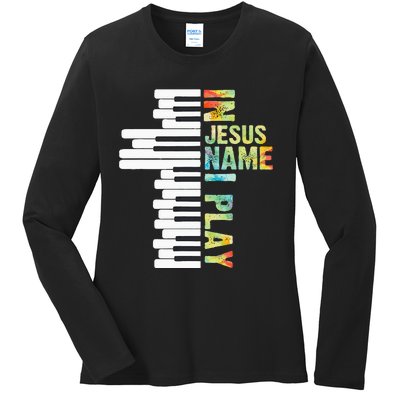 In Jesus Name I Play Piano Christian Music Vintage Ladies Long Sleeve Shirt