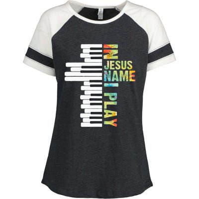 In Jesus Name I Play Piano Christian Music Vintage Enza Ladies Jersey Colorblock Tee