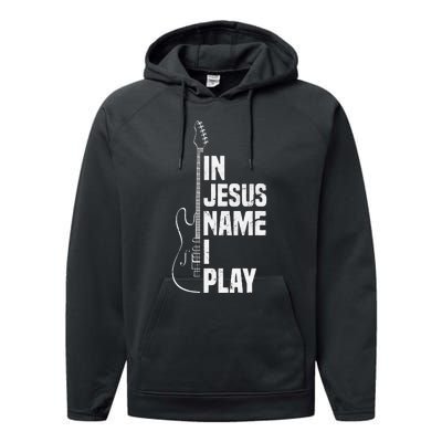 In Jesus Name I Play Guitar Christian Guitar Player Performance Fleece Hoodie