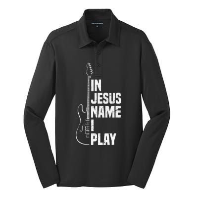 In Jesus Name I Play Guitar Christian Guitar Player Silk Touch Performance Long Sleeve Polo