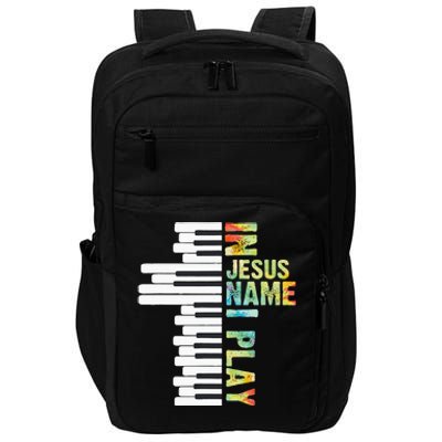 In Jesus Name I Play Piano Christian Music Vintage Impact Tech Backpack