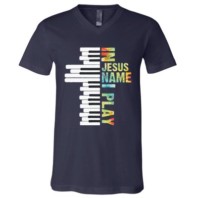 In Jesus Name I Play Piano Christian Music Vintage V-Neck T-Shirt