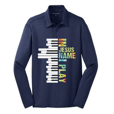 In Jesus Name I Play Piano Christian Music Vintage Silk Touch Performance Long Sleeve Polo