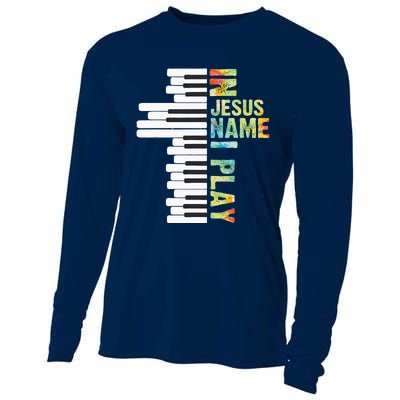 In Jesus Name I Play Piano Christian Music Vintage Cooling Performance Long Sleeve Crew