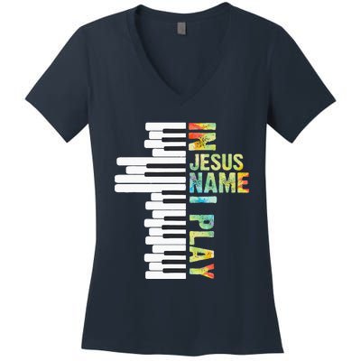 In Jesus Name I Play Piano Christian Music Vintage Women's V-Neck T-Shirt