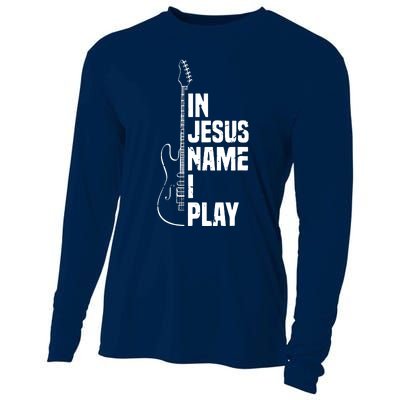 In Jesus Name I Play Guitar Christian Guitar Player Cooling Performance Long Sleeve Crew