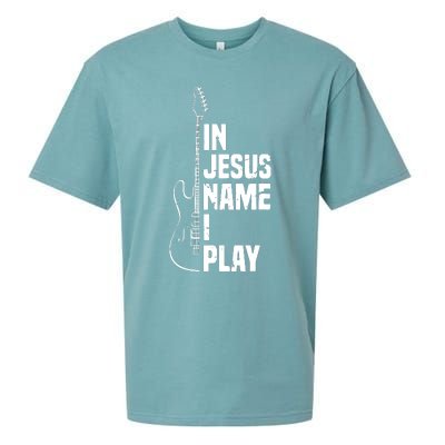 In Jesus Name I Play Guitar Christian Guitar Player Sueded Cloud Jersey T-Shirt