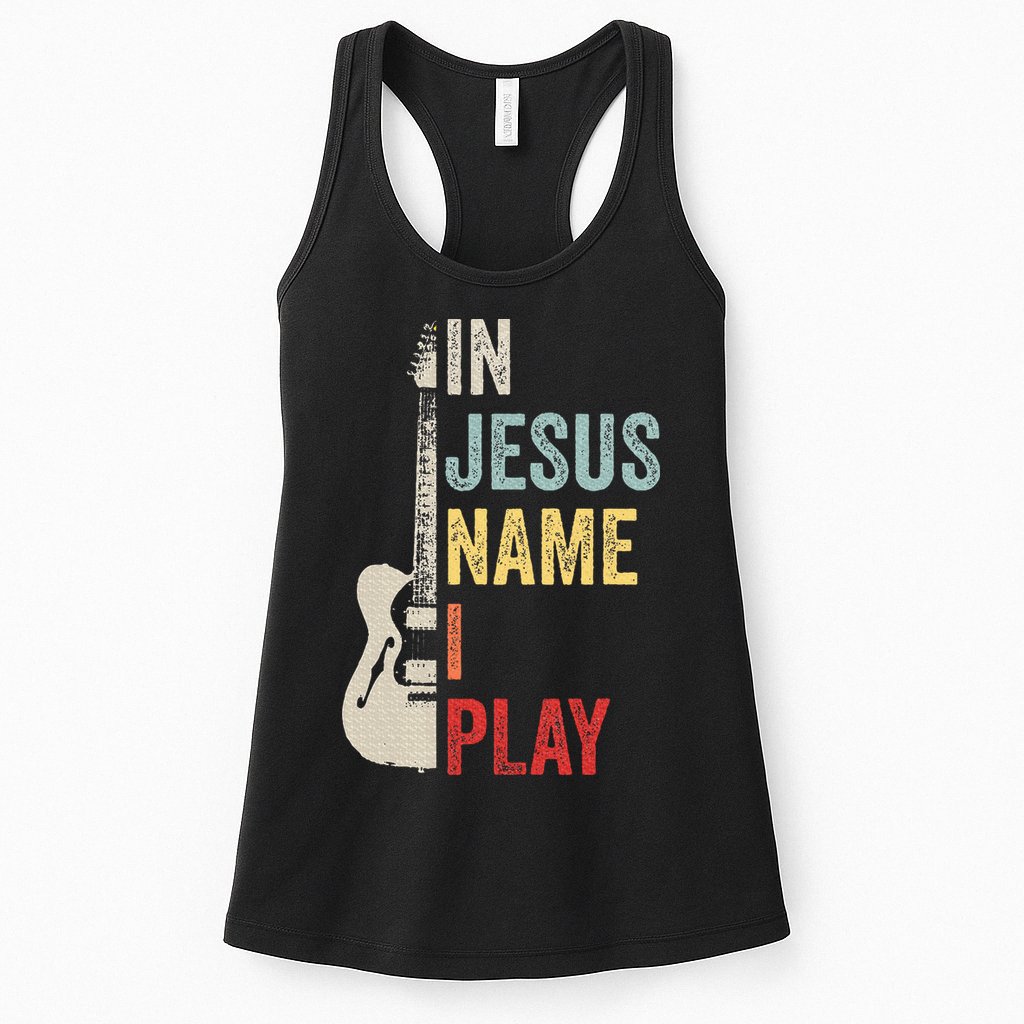 In Jesus Name I Play Guitar Christian Band Guitar Womens Tank Top
