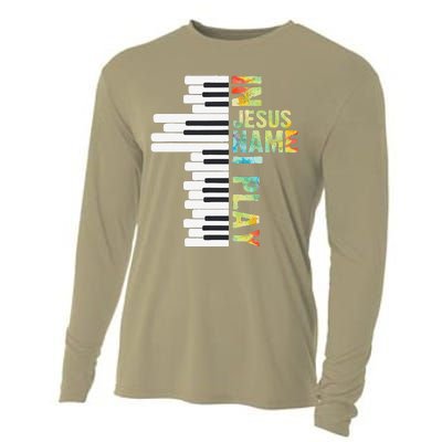 In Jesus Name I Play Piano Christian Music Vintage Gift Cooling Performance Long Sleeve Crew