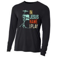 In Jesus Name I Play Drums Drumming Drummer Christian Cooling Performance Long Sleeve Crew