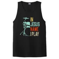 In Jesus Name I Play Drums Drumming Drummer Christian PosiCharge Competitor Tank