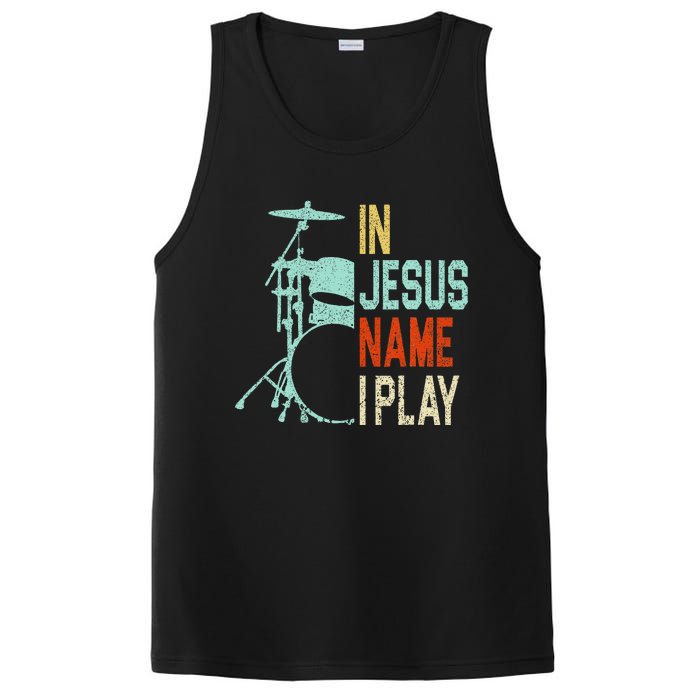 In Jesus Name I Play Drums Drumming Drummer Christian PosiCharge Competitor Tank