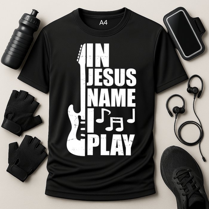 In Jesus Name I Play Guitar Cooling Performance Crew T-Shirt