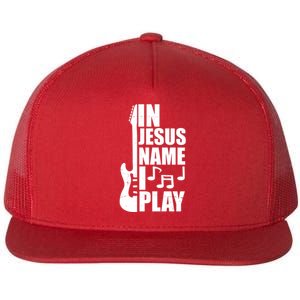 In Jesus Name I Play Guitar Flat Bill Trucker Hat