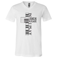 In Jesus Name I Play Christian Pianist Funny Piano Lover V-Neck T-Shirt