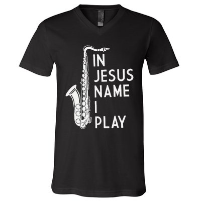 In Jesus Name I Play Piano Christian Music Vintage V-Neck T-Shirt