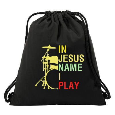 In Jesus Name I Play Vintage Drum Drawstring Bag