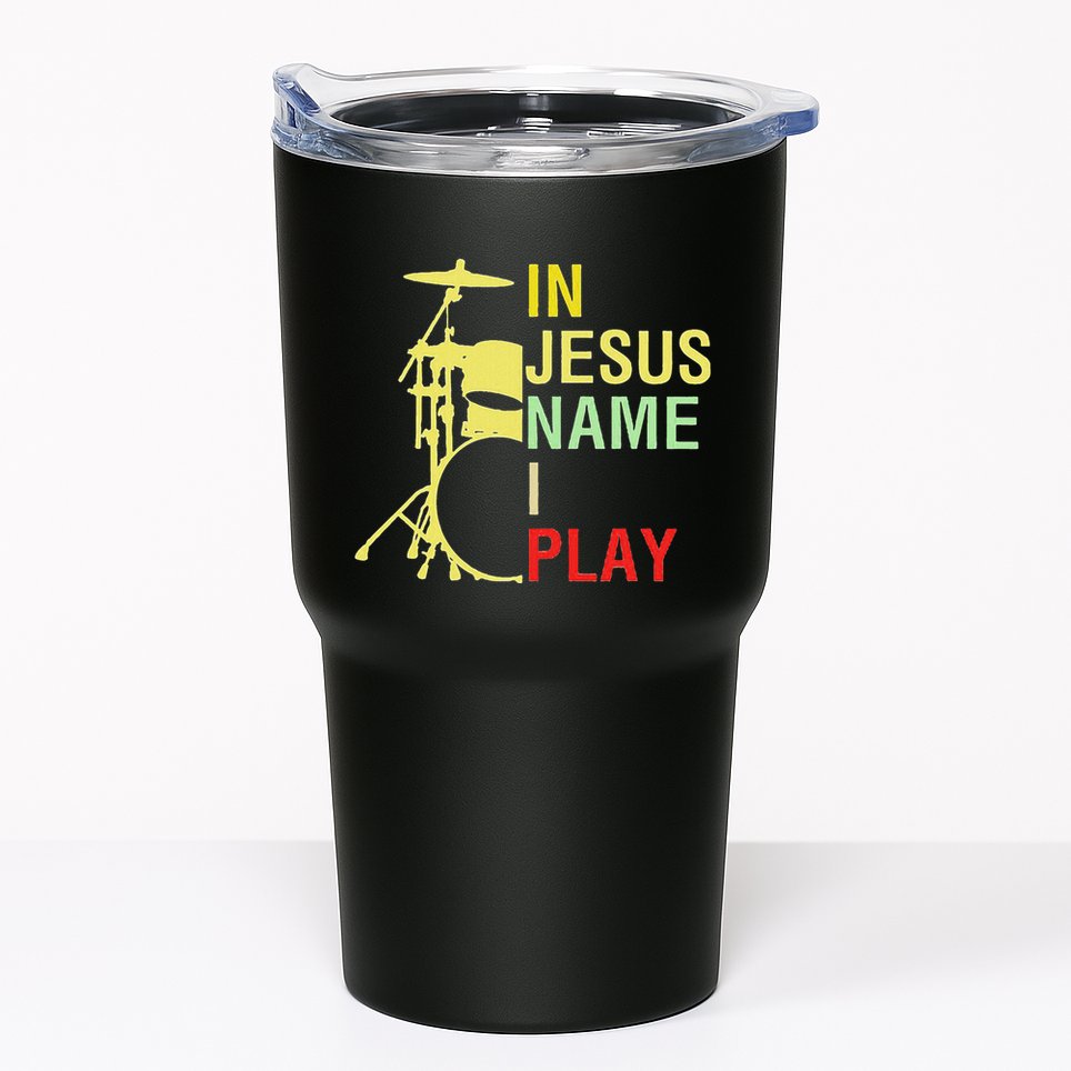 In Jesus Name I Play Vintage Drum Tumbler