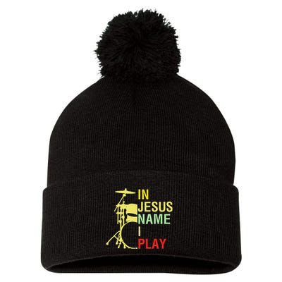 In Jesus Name I Play Vintage Drum Pom Pom 12in Knit Beanie