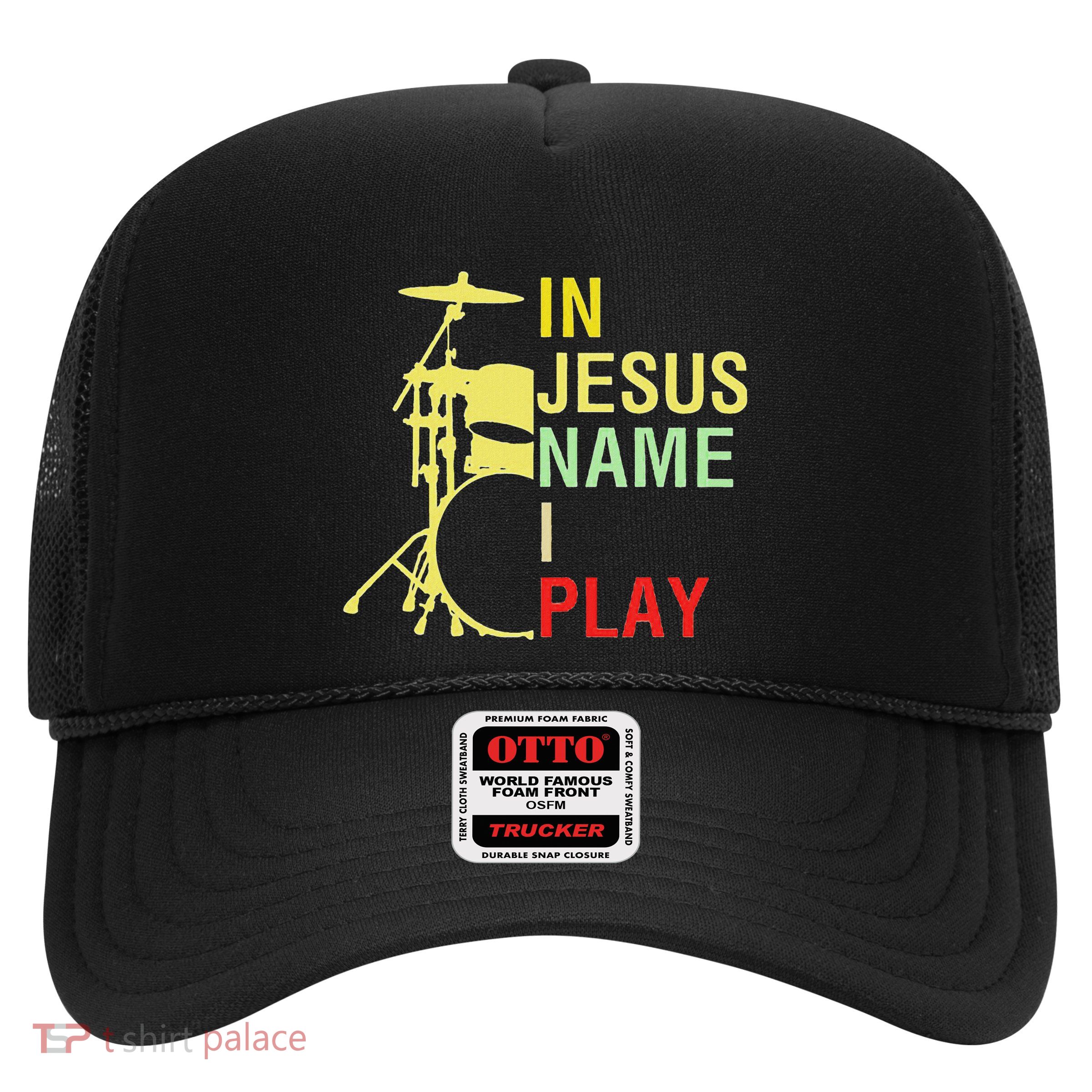 In Jesus Name I Play Vintage Drum Trucker Hat