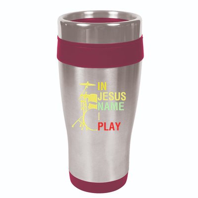 In Jesus Name I Play Vintage Drum 16oz Travel Tumbler
