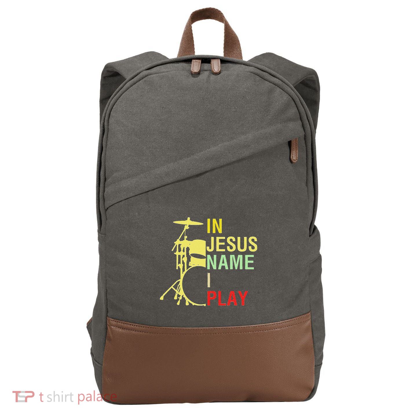 In Jesus Name I Play Vintage Drum Cotton Canvas Backpack