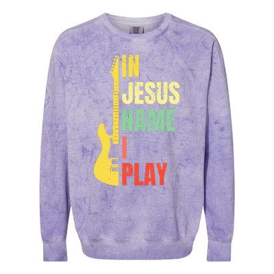 In Jesus Name I Play Guitar Christian Bass Musician Vintage Colorblast Crewneck Sweatshirt