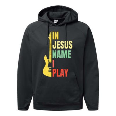 In Jesus Name I Play Guitar Christian Bass Musician Vintage Performance Fleece Hoodie