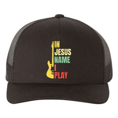 In Jesus Name I Play Guitar Christian Bass Musician Vintage Yupoong Adult 5-Panel Trucker Hat