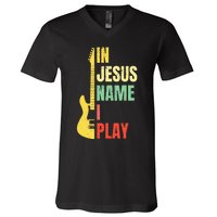 In Jesus Name I Play Guitar Christian Bass Musician Vintage V-Neck T-Shirt