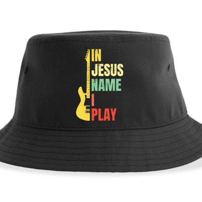 In Jesus Name I Play Guitar Christian Bass Musician Vintage Sustainable Bucket Hat