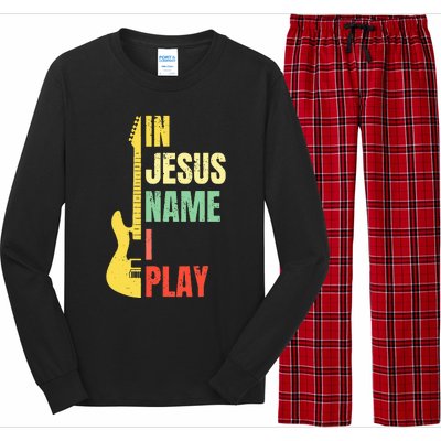 In Jesus Name I Play Guitar Christian Bass Musician Vintage Long Sleeve Pajama Set